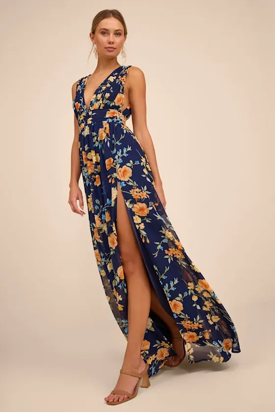 Heavenly Hues Dark Blue Floral Maxi Dress