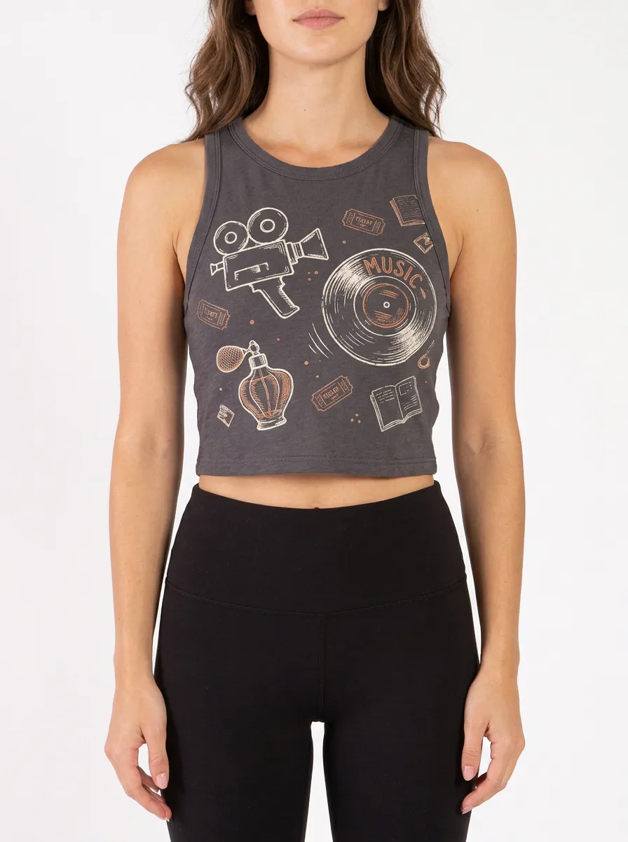 Women's Retro Cinema Music Lover Camera Vinyl Printed Crop Top