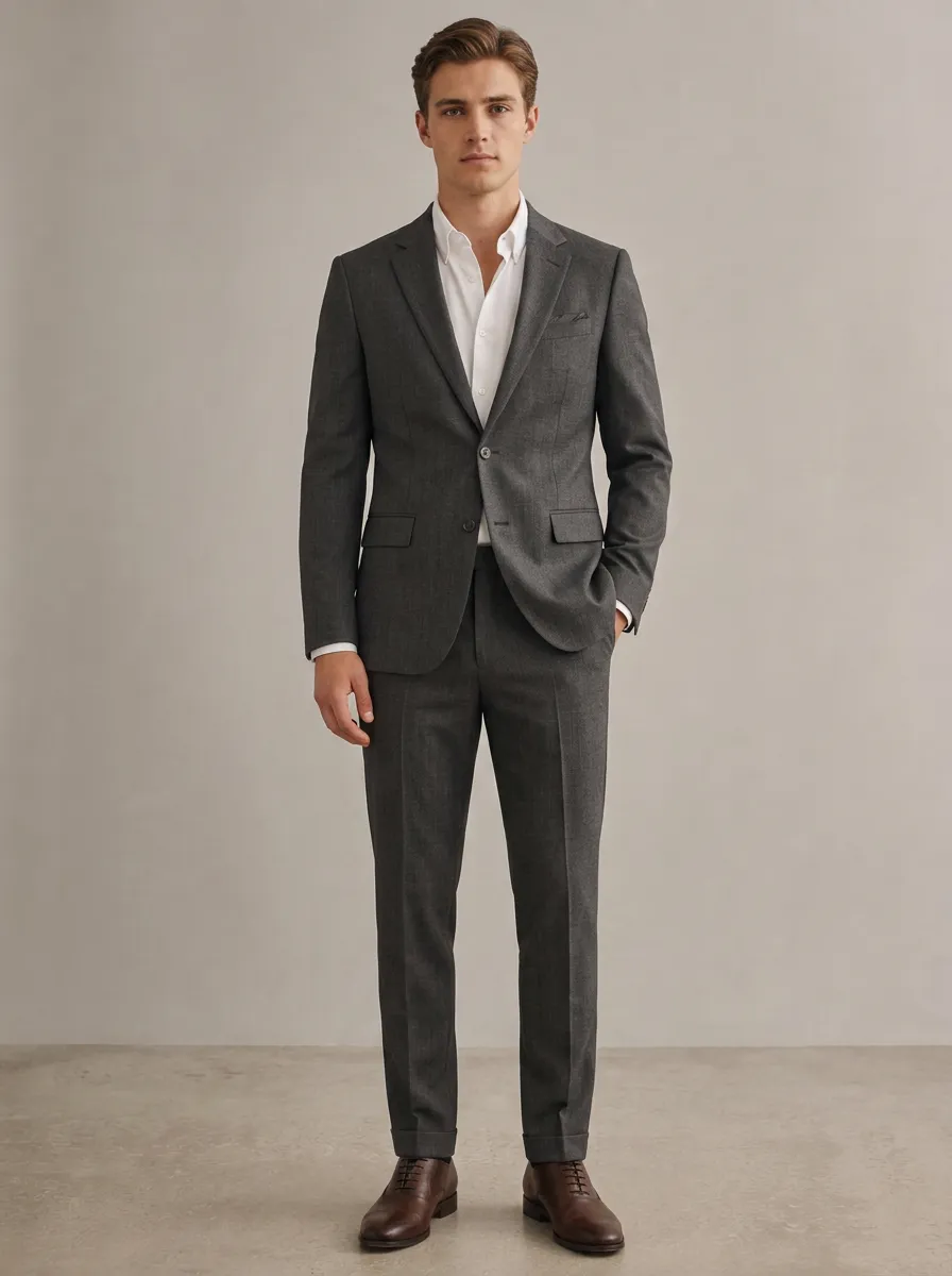 Men's Two Button Button Down Business Formal Charcoal Grey Tailored Suit Set