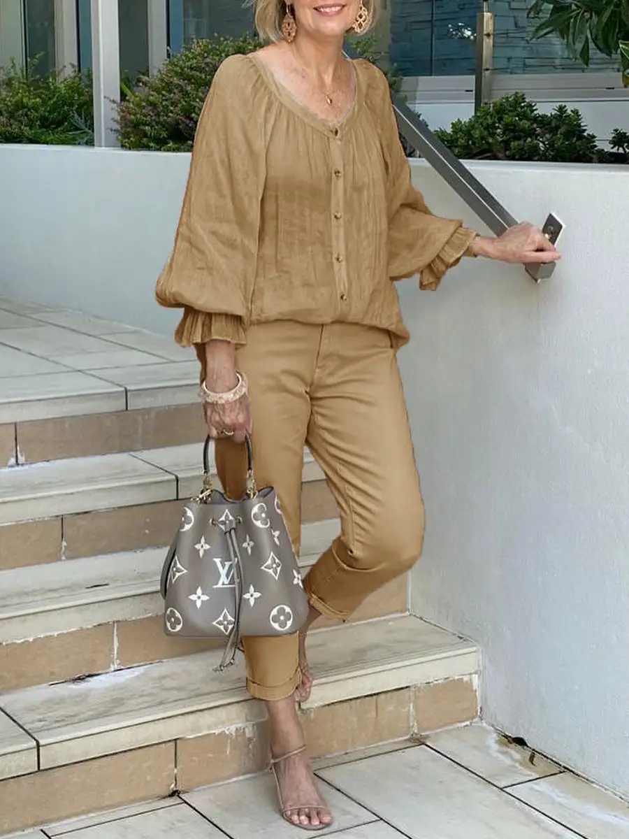 Special Collar Ruffled Sleeves Buttoned Shirt Casual Two-piece Suits