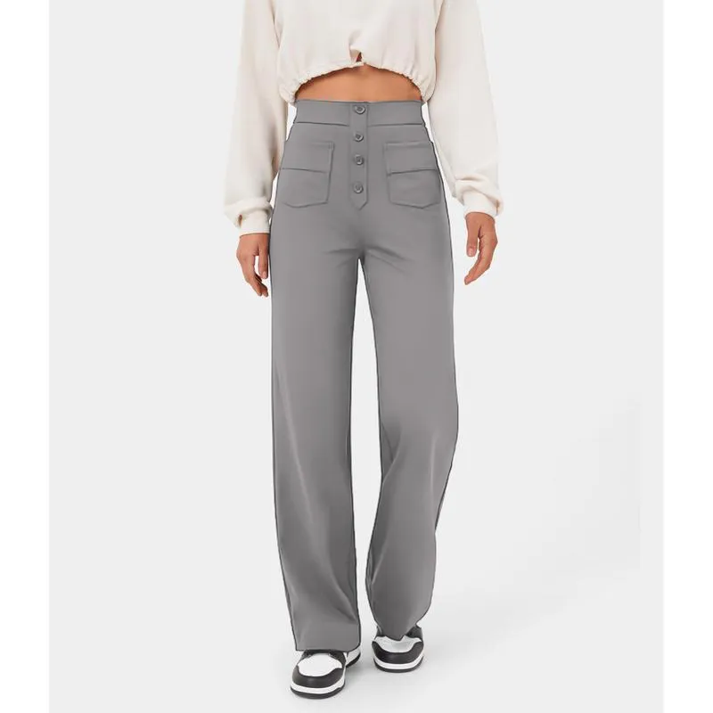 High Waisted Pockets Straight Leg Casual Pants