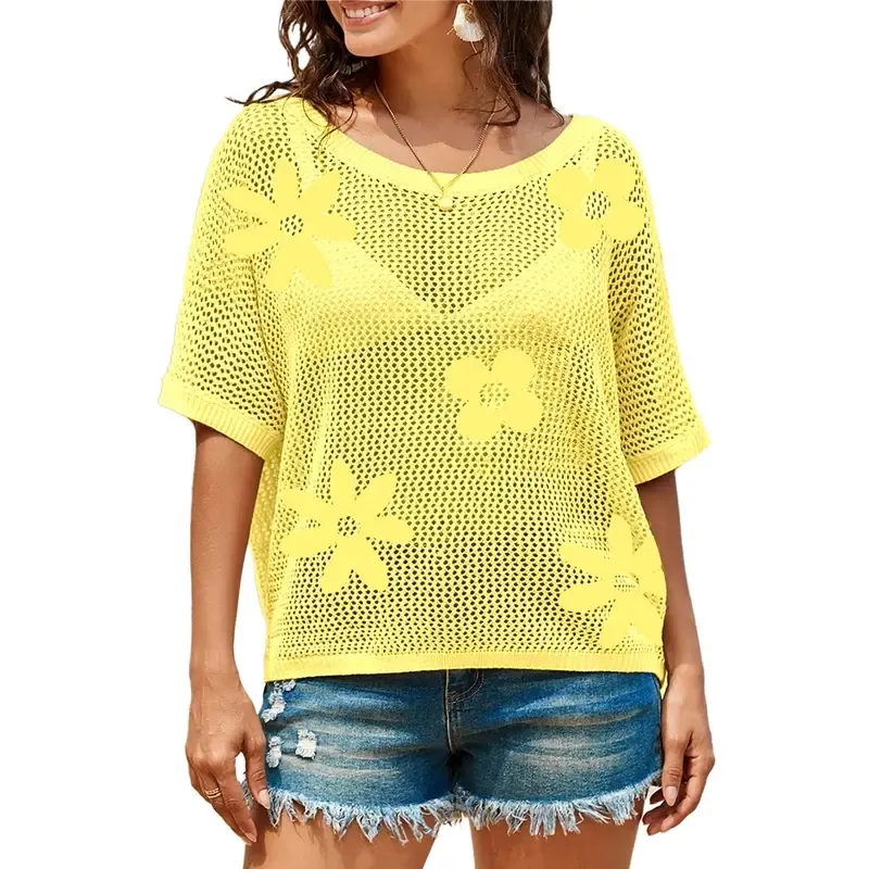 Women's Floral Short-Sleeve Crochet Top