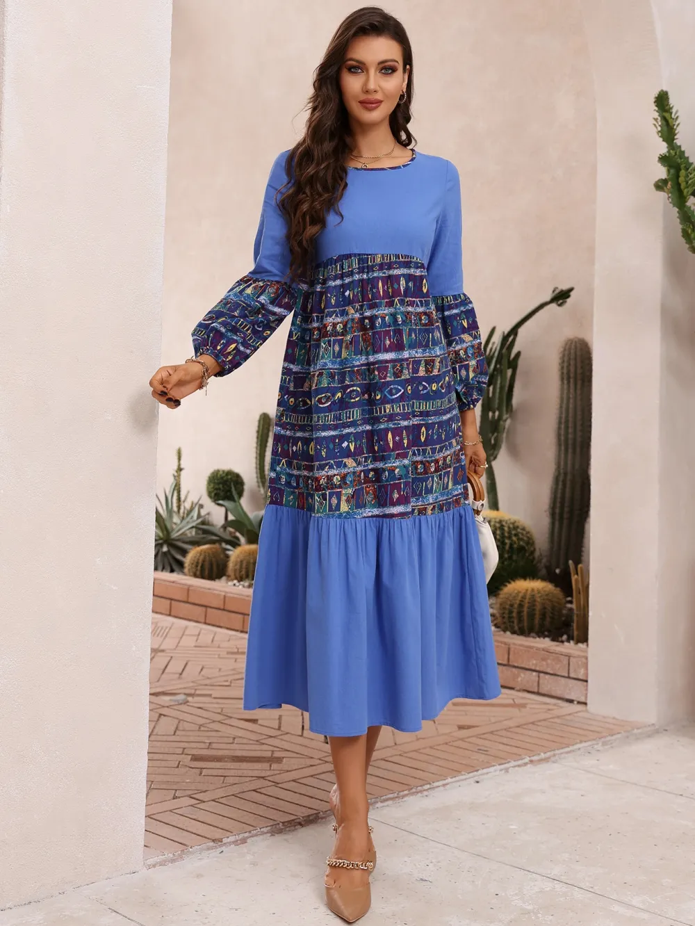 Geo Print Lantern Sleeve Dress