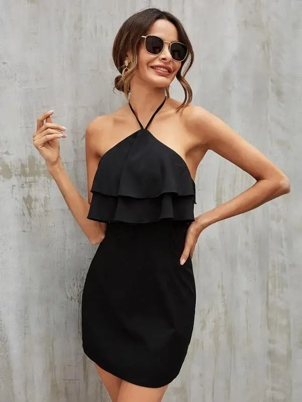 Women Solid Tiered Layer Tie Back Halter Dress