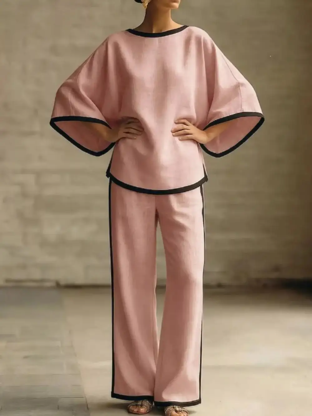 Full Size Contrast Trim Top and Wide Leg Pants