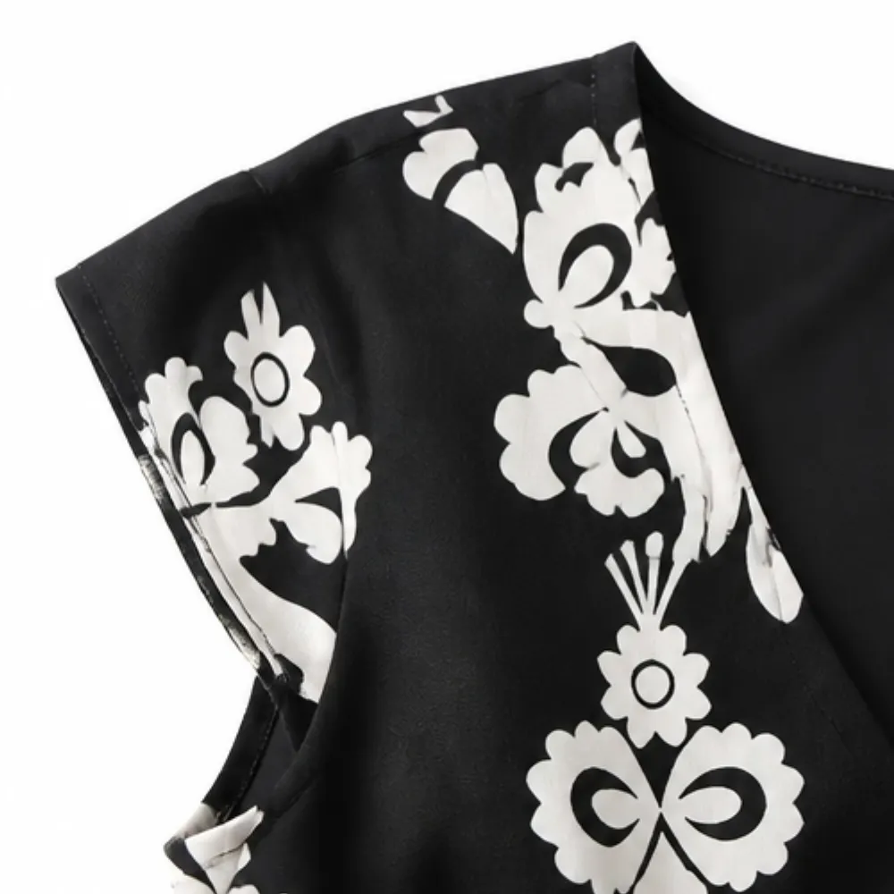 V Neck Printed Damask Midi Dress