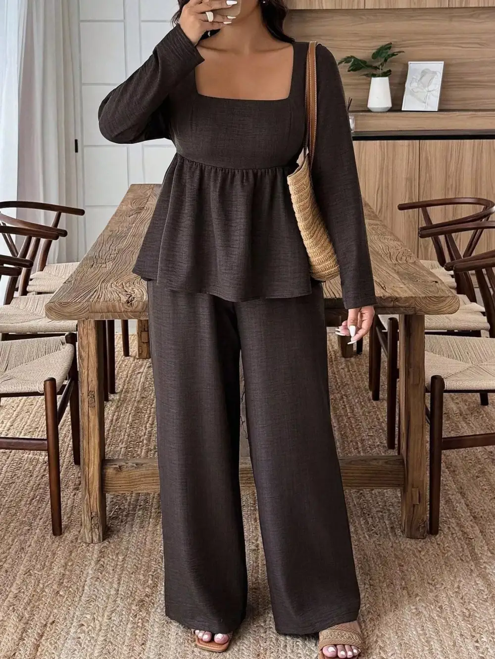 Plus Size Square Neck Long Sleeve Top and Pants Two Piece Set