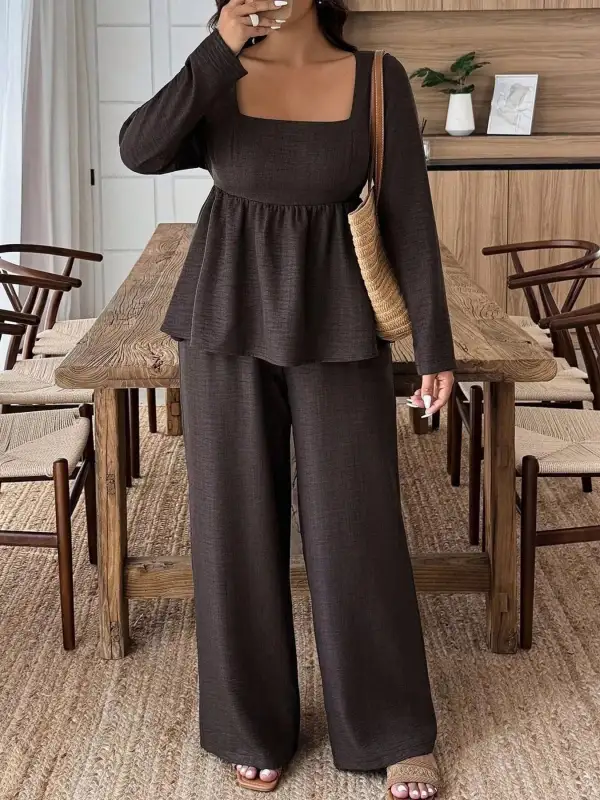 Square Neck Long Sleeve Top and Pants Two Piece Set