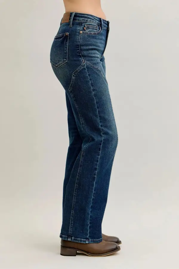 Vintage-Wash Pocketed Stretch Straight Leg Jeans
