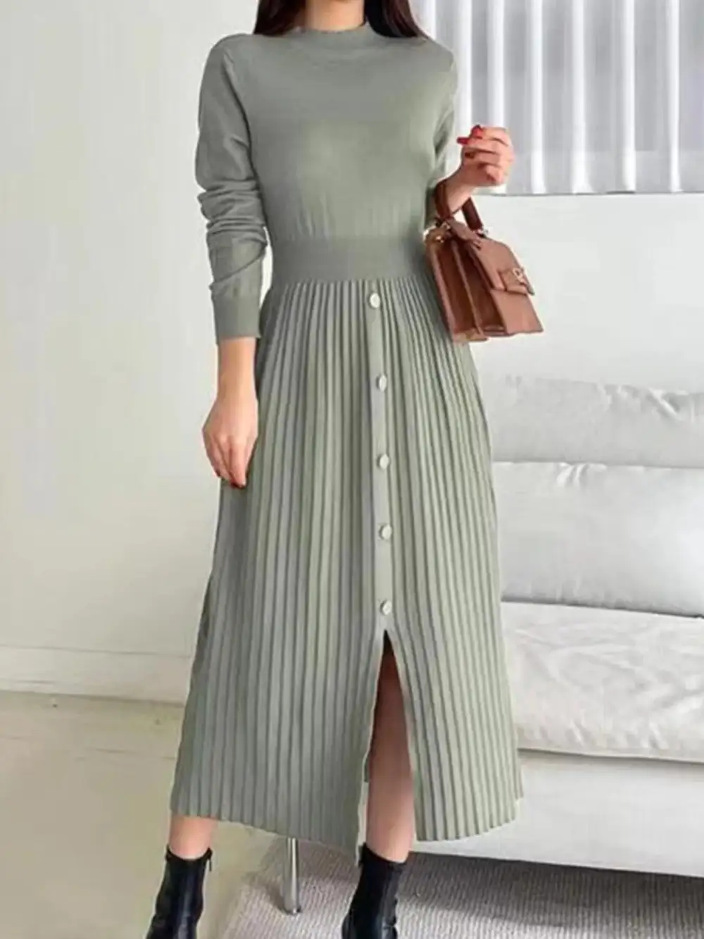 Knit Mock Neck Slit Sweater Dress