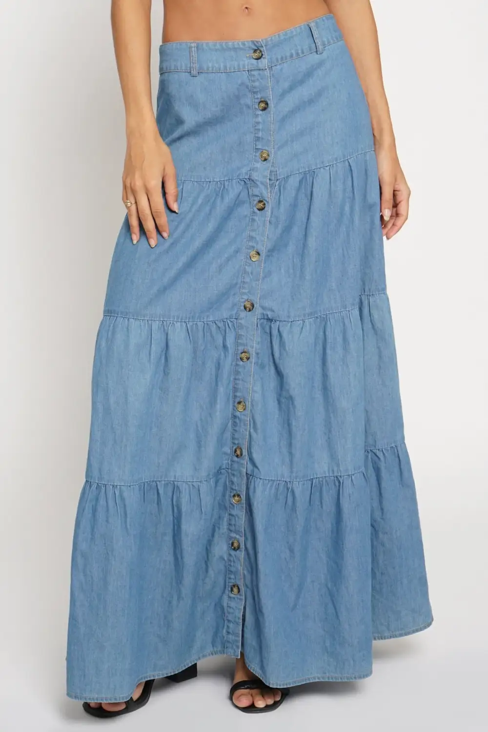 Chambray Tiered Button Front Maxi Skirt