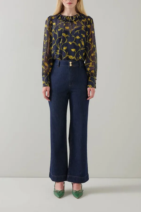 Navy Blue Floral Print Sheer Long Sleeve Shirt