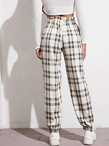 Women's Plaid Elastic High Waist Casual Tartan Pants with Pockets