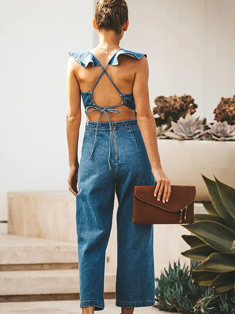 Ruffled Backless Sleeveless Jumpsuit Denim Pants