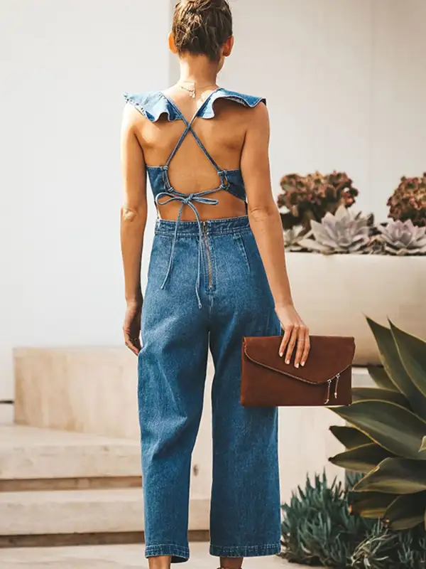 Ruffled Backless Sleeveless Jumpsuit Denim Pants