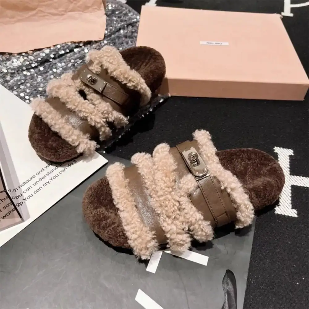 Fuzzy Buckle Accent Plush Slippers