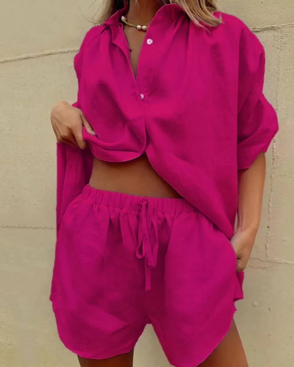 Casual V-Neck Shirt and Shorts Two-Piece Set