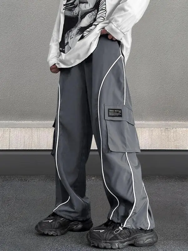 Men’s Loose Fit Cargo Pants with Letter Patch & Contrast Binding – Casual Drawstring Trousers for Spring, Fall & Winter