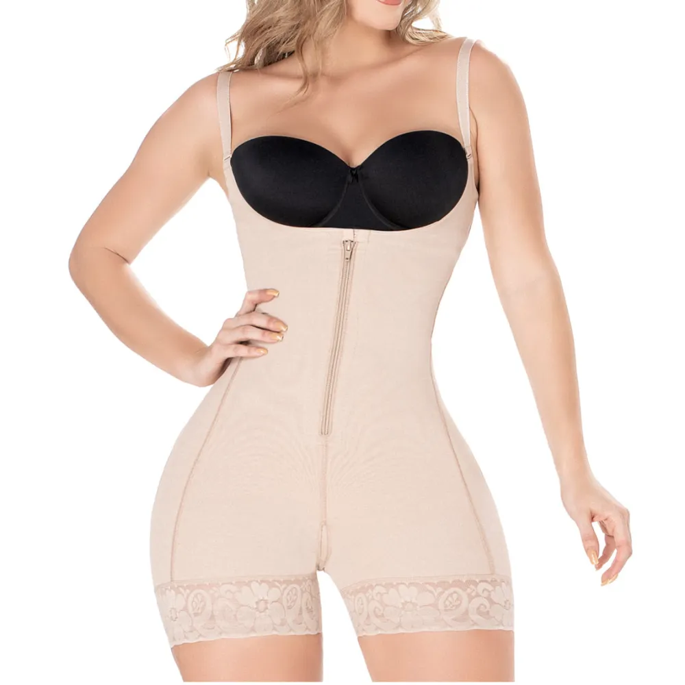 Mid Thigh Open Bust Zip Front Women's Shapewear Garment