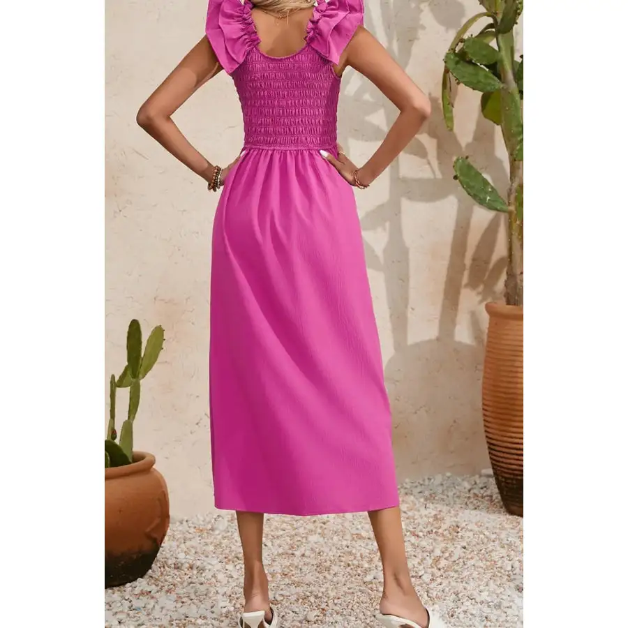 Solid Ruffled Straps Smocked Ruched Maxi Dress