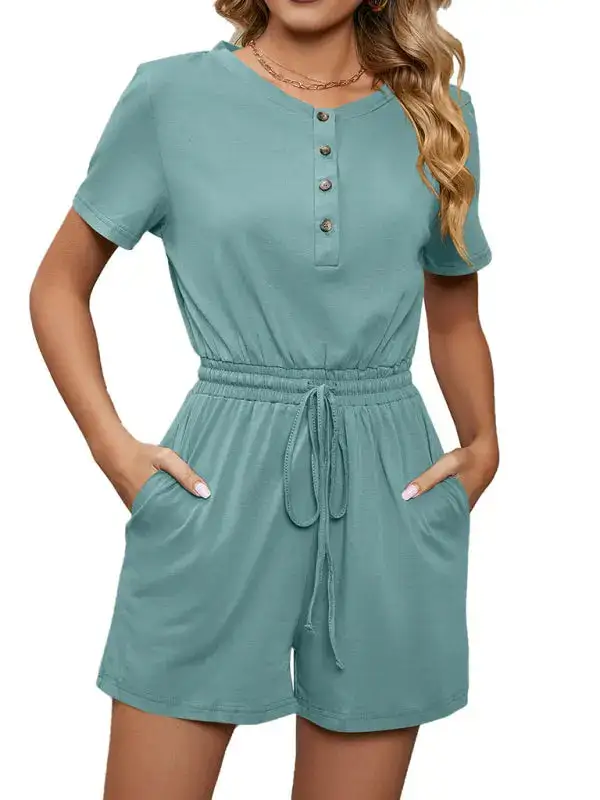 Knit Loose Short Sleeve Button Tie Shorts