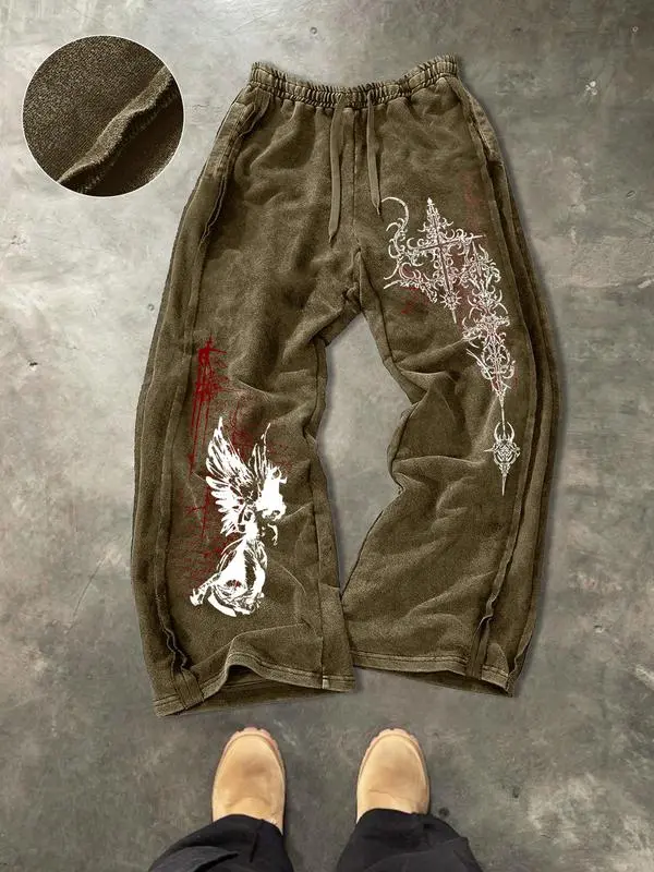 Men's Washed Cotton Sweatpants with Side Stitching, Gothic Pattern, Comfortable Casual Pants for Daily Wear