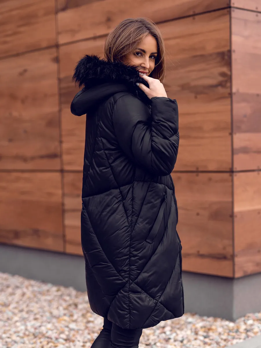 women's black quilted winter jacket with hood
