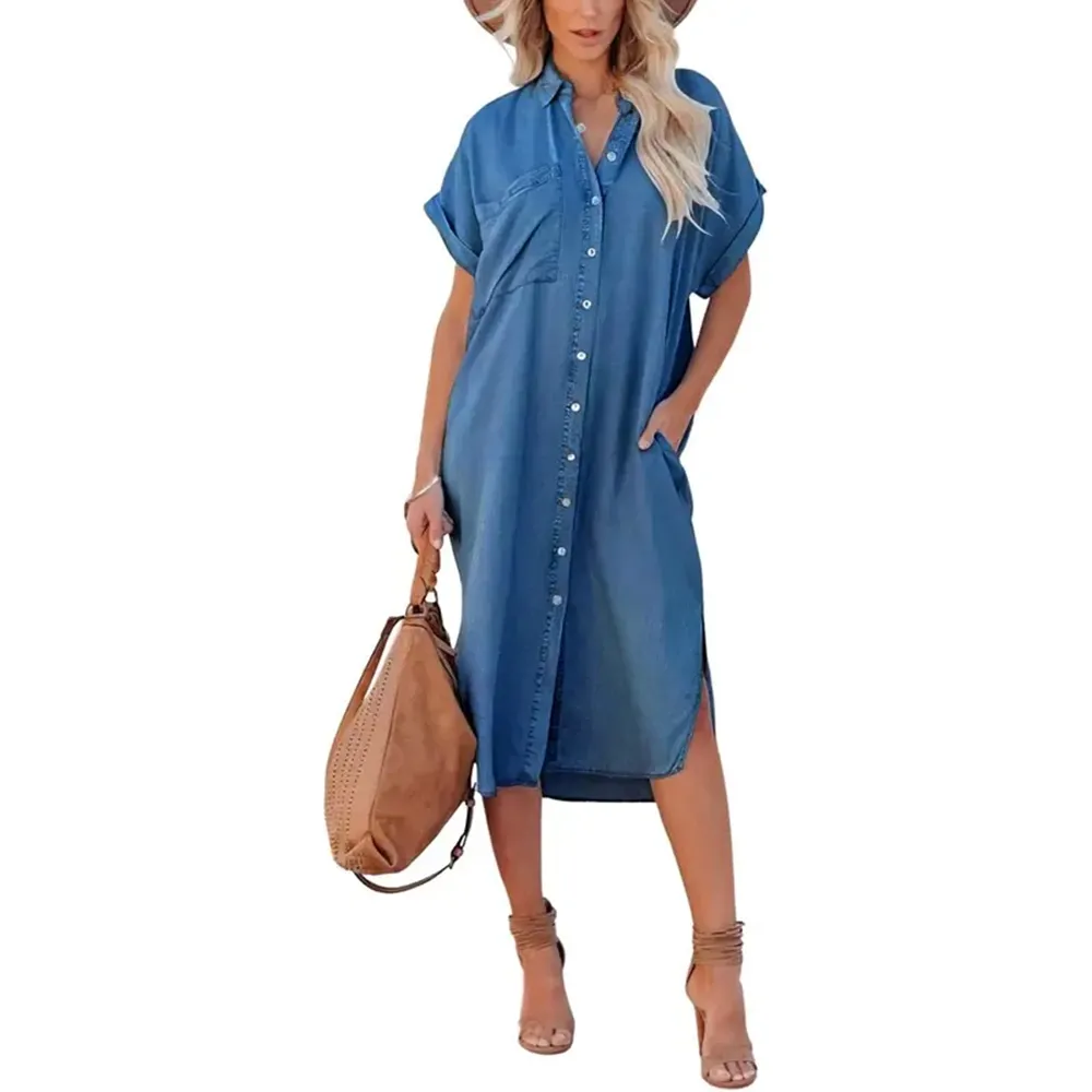 ⏰Hot Sale-Women's Loose-Fit Mid-Length Denim Shirt Dress🔥8-Pack - All Colors Included