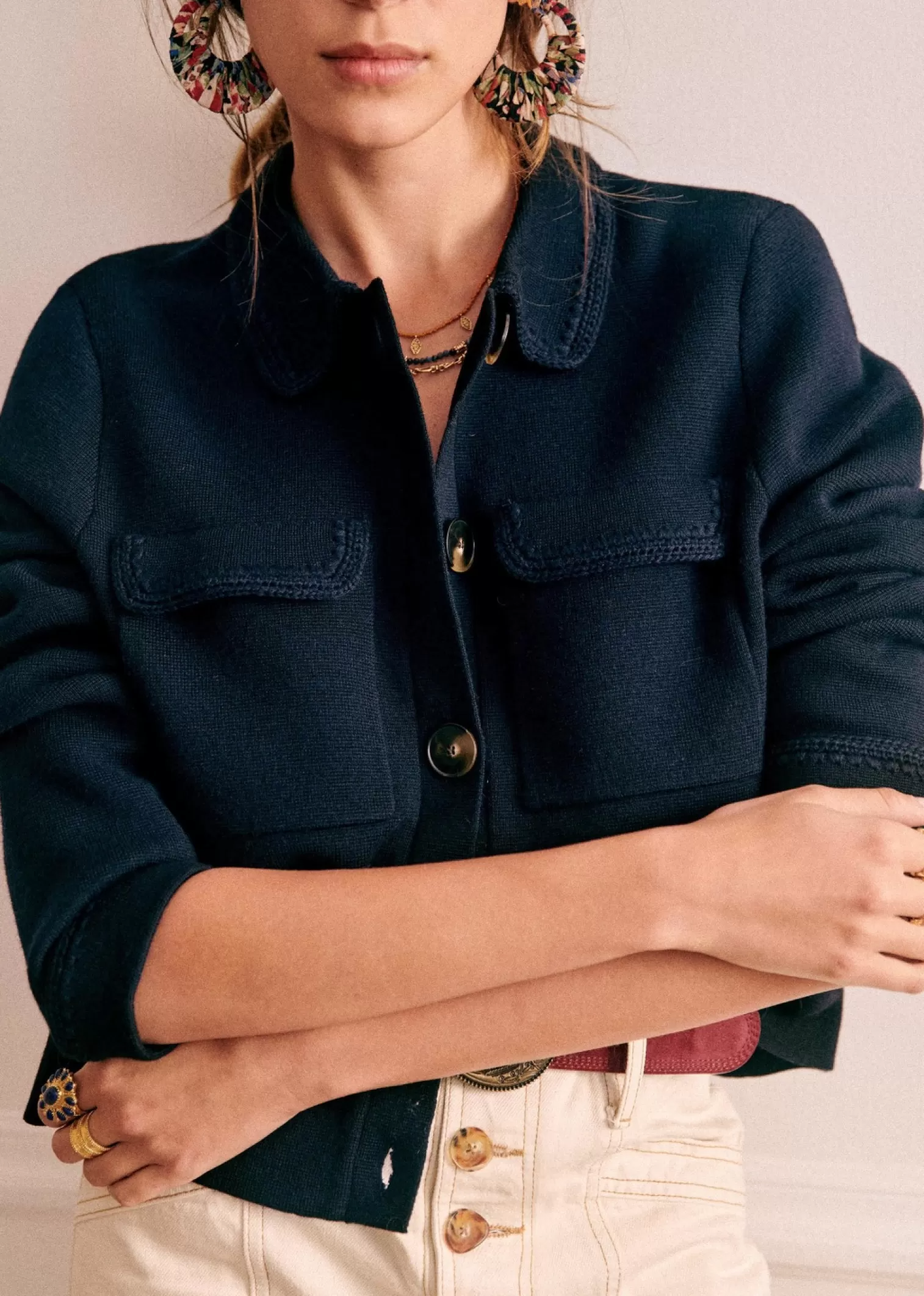 Cream Button Pocket Knit Jacket