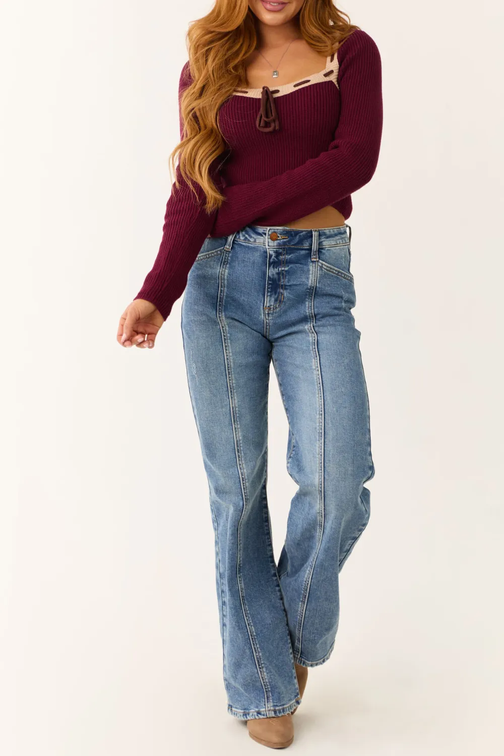 Wine Contrast Square Neck Cropped Sweater
