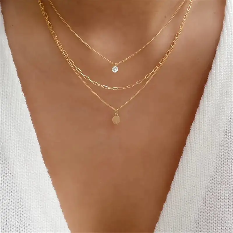 Layered Necklace Round Disc Rhinestone Pendant