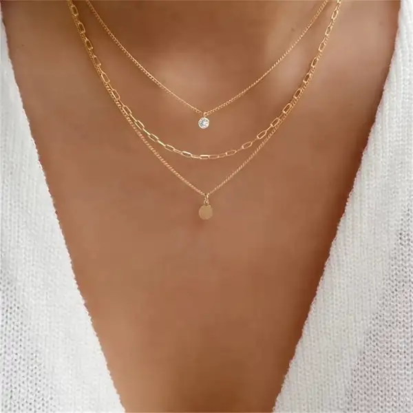 Layered Necklace Round Disc Rhinestone Pendant