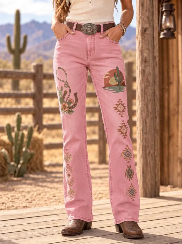 Women's Western Cowboy Cactus Horseshoe Geometric Printed Jeans
