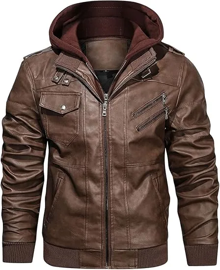 🧥 Men’s Casual Stand Collar PU Faux Leather Motorcycle Jacket with Removable Hood