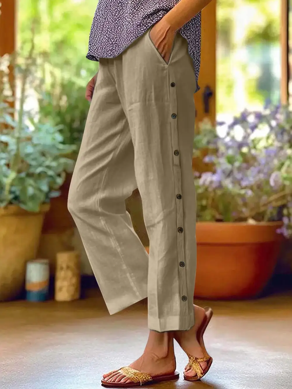 Side Decor Button Casual Wide Leg Pants