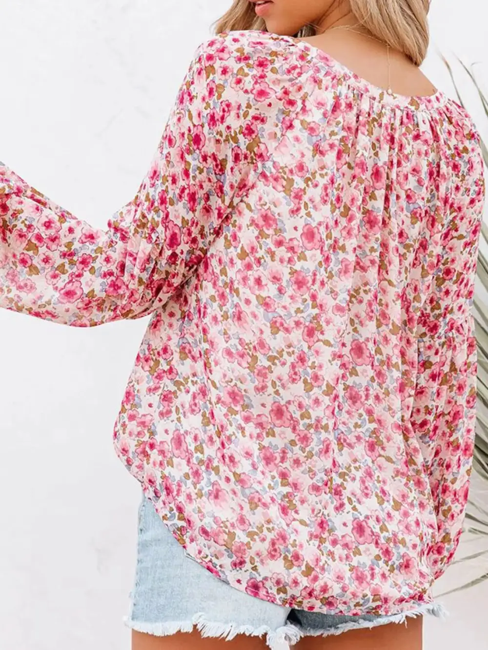 Floral Print V Neck Long Sleeve Blouse