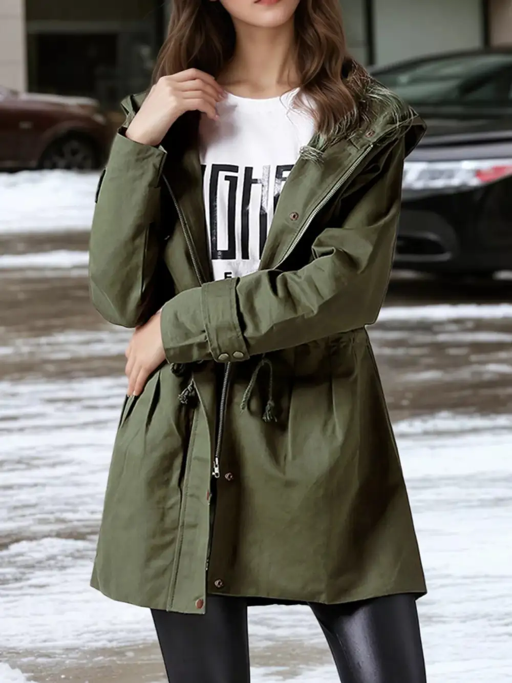 Plus Size Hooded Drawstring Waist Trench Coat