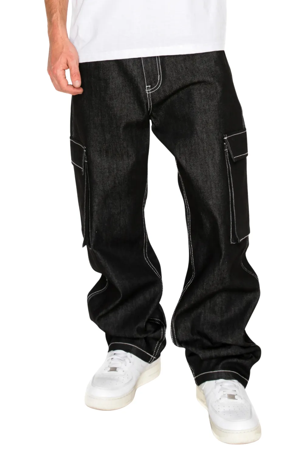 Men's Baggy Fit Raw Denim Cargo Jeans