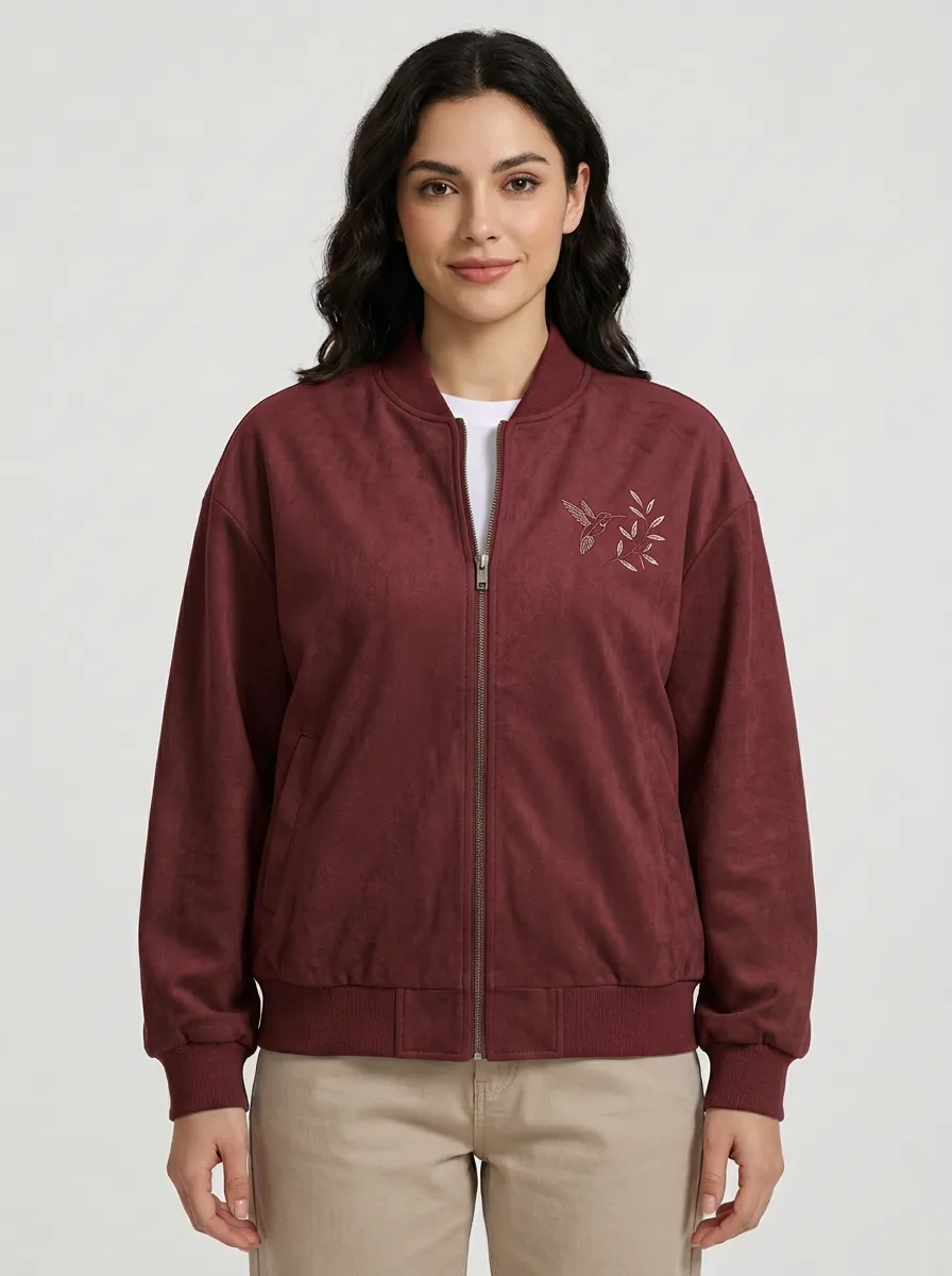 Women's Hummingbird Floral Embroidered Suede Bomber Jacket