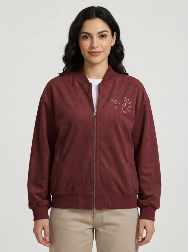 Women's Hummingbird Floral Embroidered Suede Bomber Jacket