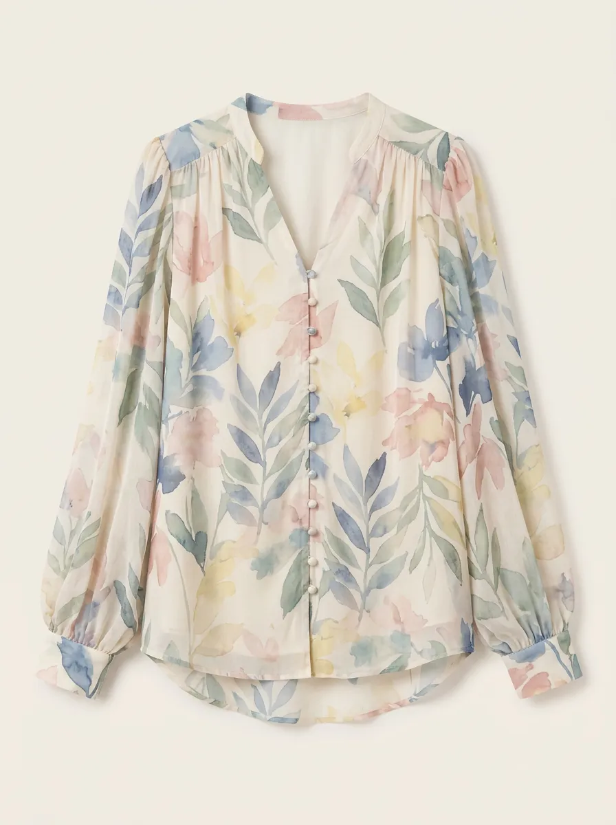 Women's Watercolor Floral Botanical Printed Button-Down Blouse