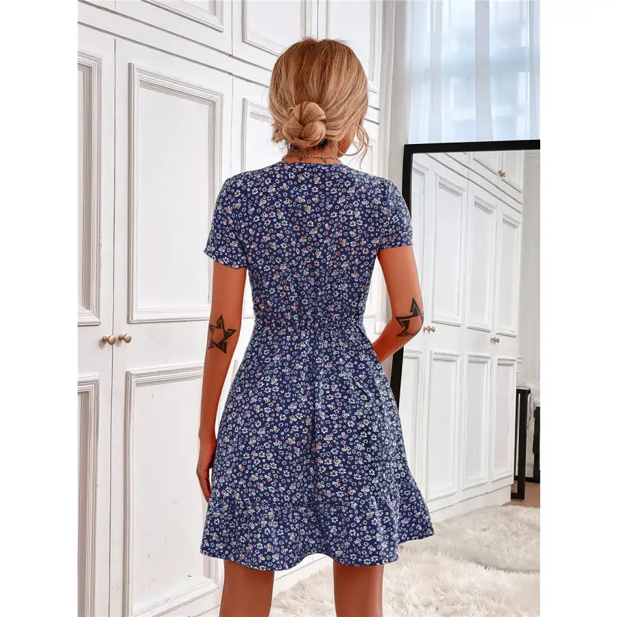Ruffled Hem V-Neck Short Sleeve Mini Dress