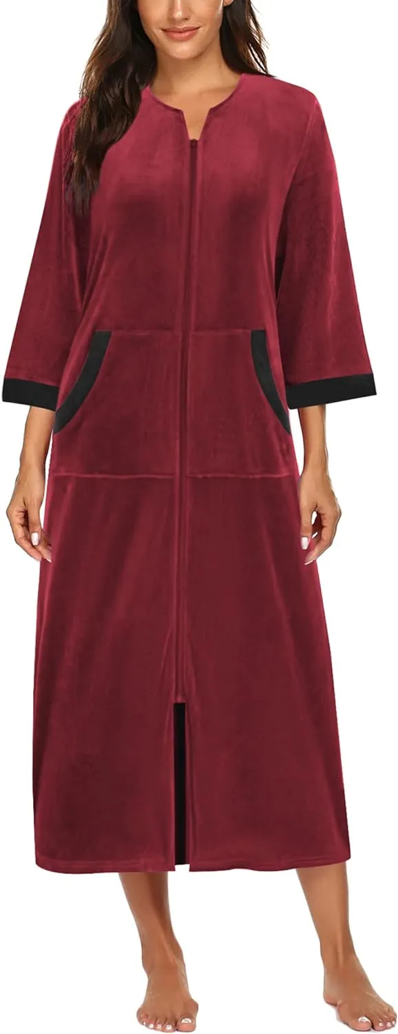 50% OFF Women Zipper Robe 3/4 Sleeves Loungewear Dress Full Length Sleepwear Pockets Housecoat Nightgown Long Bathrobe