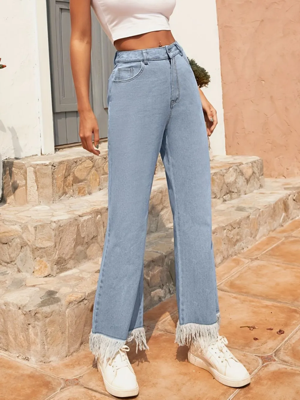 Flare Leg Raw Hem Pocketed Denim Jeans