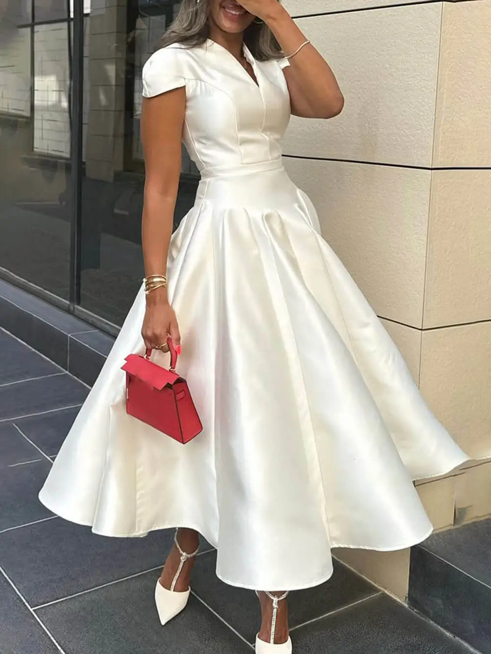 Elegant Pleated V Neck Waisted Flared Midi Dress