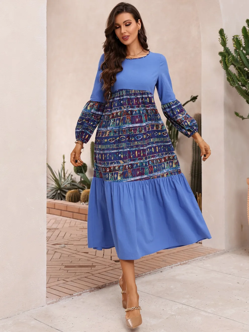 Geo Print Lantern Sleeve Dress