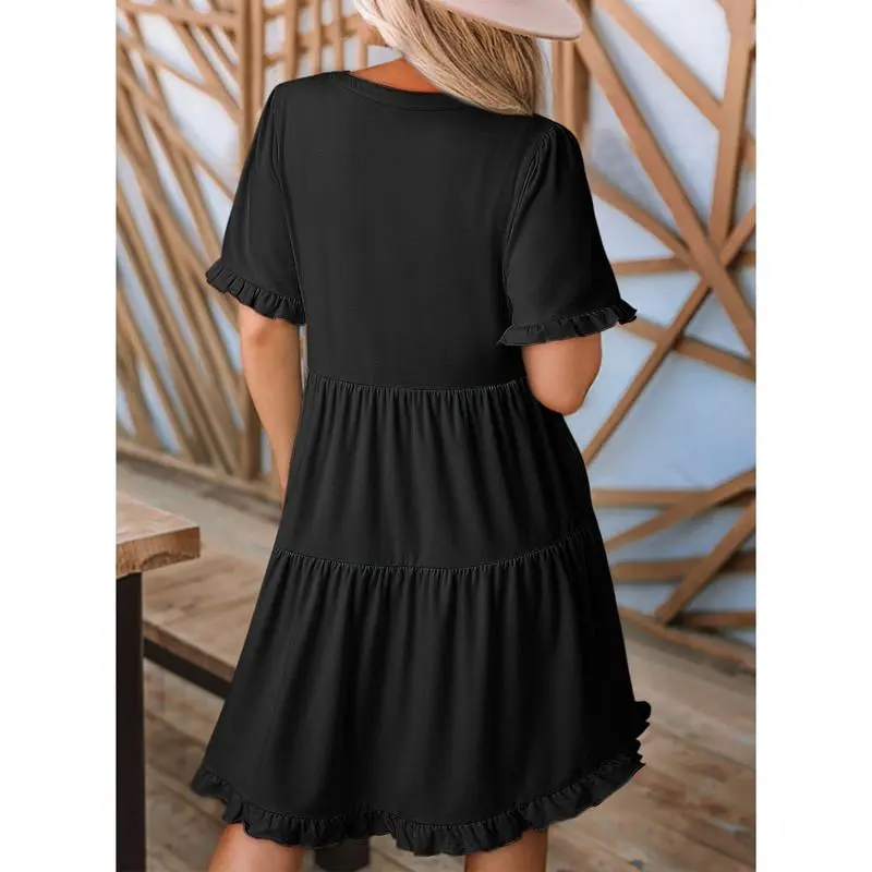 Womens Dresses 2025 Summer Spring V Neck Ruffle Short Sleeve Casual A-Line Flowy Swing Shift Dress Mini Dress
