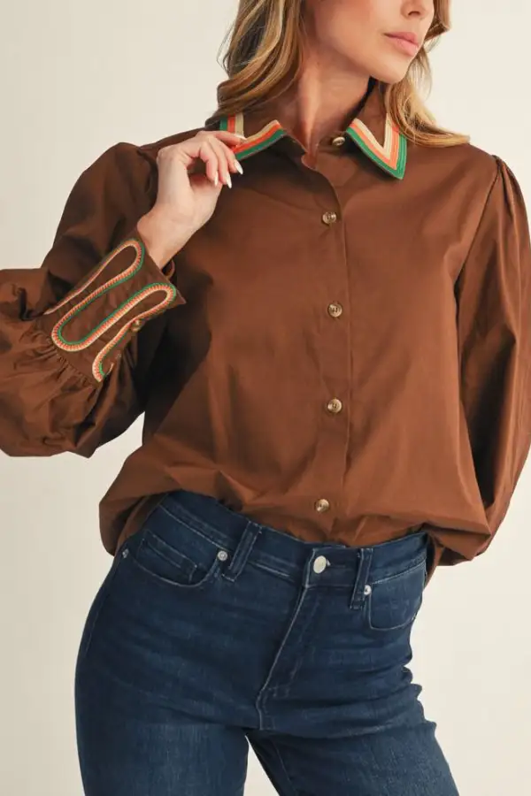 Striped Embroidered Button Front Collared Shirt