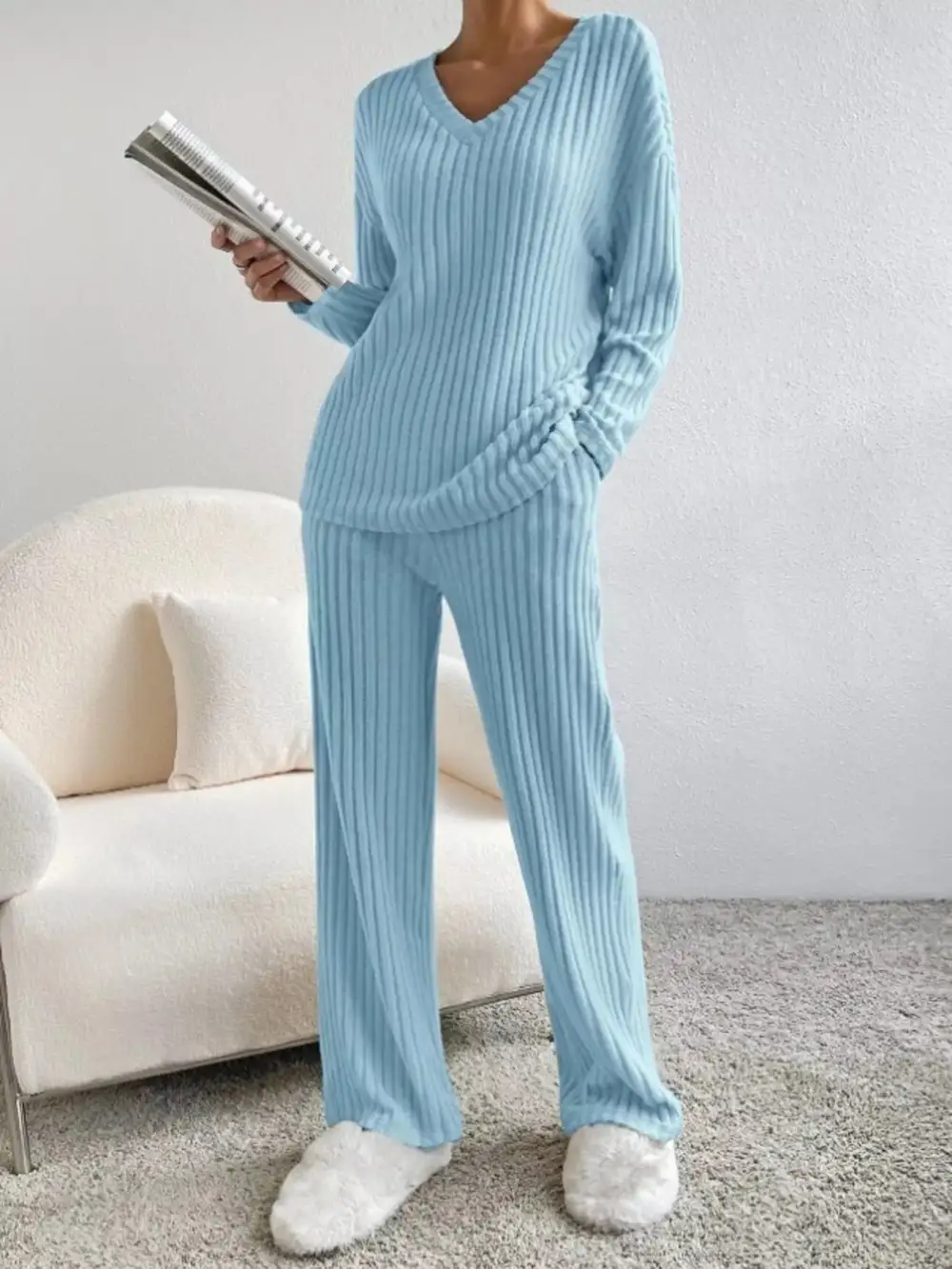 Classic Ribbed Knit V Neck Top and Pants Set