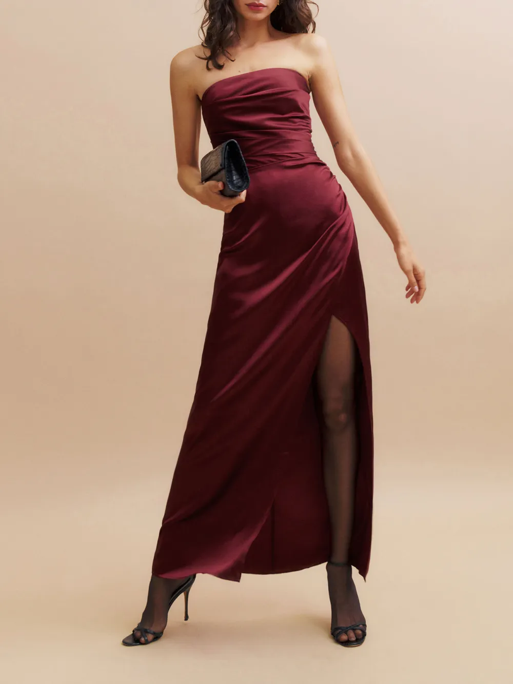 Strapless Velvet Slit Hem Maxi Dress